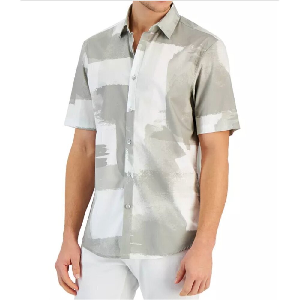 ALFANI All Cotton Painted Blocks Regular-Fit Stretch Printed Button-Down Shirt M